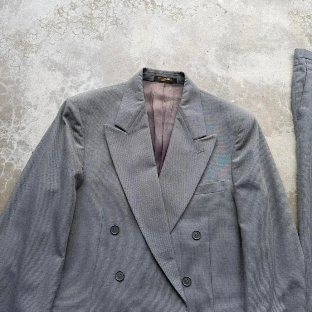 Vintage Milano Grey Double Breasted Houndstooth plaid full suit jacket and pants - Picture 2 of 8
